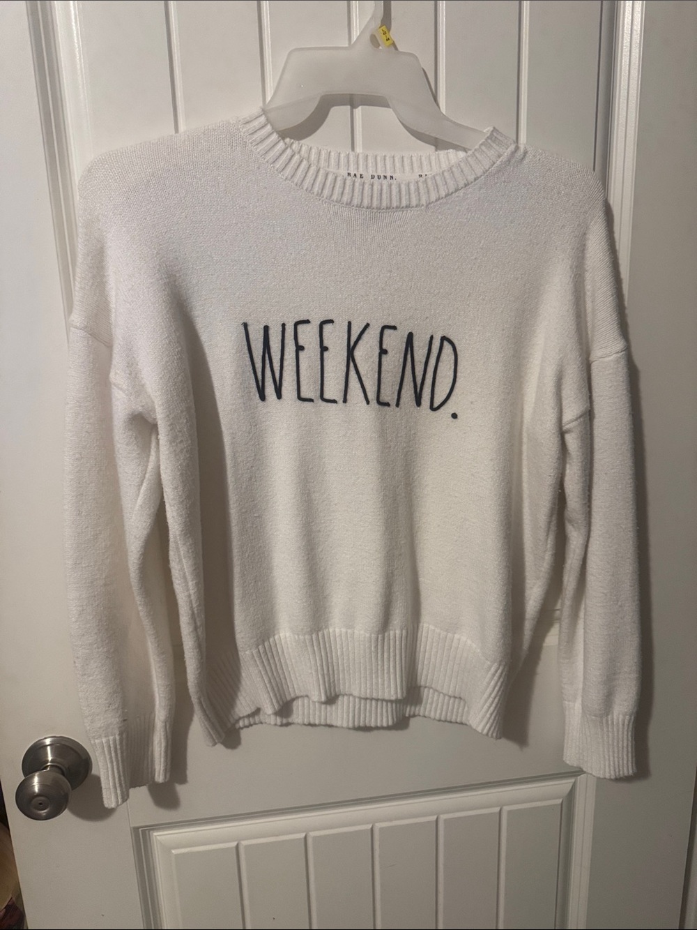 Rae Dunn White Crewneck Sweater with Navy "WEEKEND." Text